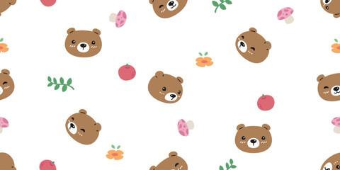 bear polar seamless pattern flower mushroom fruit vector brown teddy cartoon tile background gift wrapping paper repeat wallpaper doodle scarf isolated illustration design