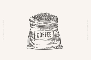 Sack of coffee beans in engraving style. The fruits of exotic plants for making an invigorating drink. Design element for menu, packaging for shop, cafe. Vector vintage illustration.