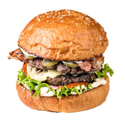 Burger on a wooden board on transparent background. png file