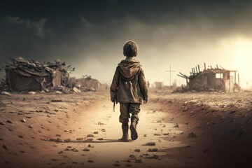 Children alone in the middle of a war zone, made with generated ai