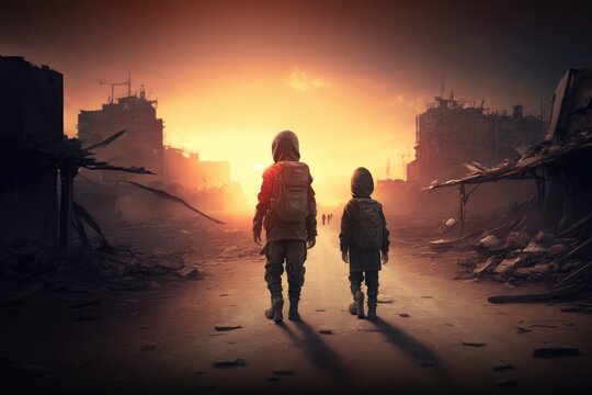 Children Alone In The Middle Of A War Zone, Made With Generated Ai