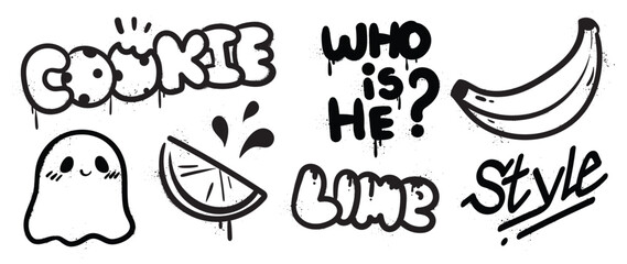 Set of graffiti spray paint vector. Black brush paint ink drip texture collection of text, cookie, cute ghost, banana, lime. Design illustration for decoration, card, sticker. banner, street art.