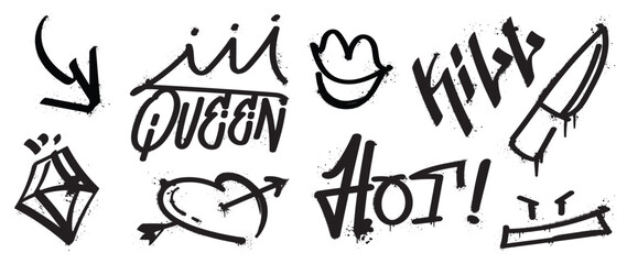 Set of graffiti spray paint vector. Black brush paint ink drip texture collection of text, arrow, diamond, heart, mouth, knife. Design illustration for decoration, card, sticker. banner, street art.