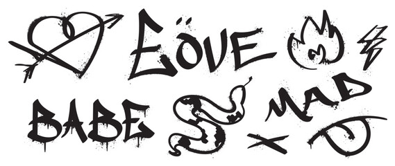 Set of graffiti spray paint vector. Black brush paint ink drip texture collection of text, arrow, heart, snake, flame, thunder. Design illustration for decoration, card, sticker. banner, street art.