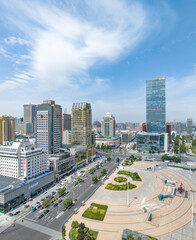 Naklejka na ściany i meble Aerial photography of Jiefang Square, Jiefang Square Convention and Exhibition Center and Shijiazhuang Evergrande Center in Shijiazhuang City, Hebei Province, China