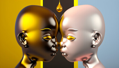 romantic kiss of homosexual couple, sculpture, love concept, 3d rendering, gay love, lesbians, self love