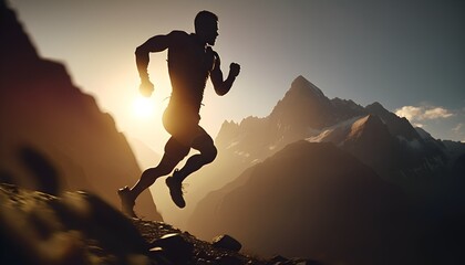 silhouette of a active person running on a mountain on a sunset
