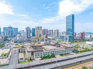 Fototapeta premium Aerial photography of Jiefang Square, Jiefang Square Convention and Exhibition Center and Shijiazhuang Evergrande Center in Shijiazhuang City, Hebei Province, China