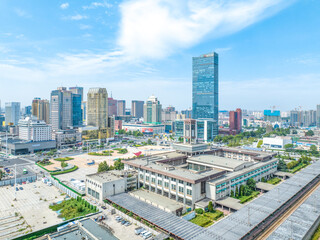 Fototapeta premium Aerial photography of Jiefang Square, Jiefang Square Convention and Exhibition Center and Shijiazhuang Evergrande Center in Shijiazhuang City, Hebei Province, China