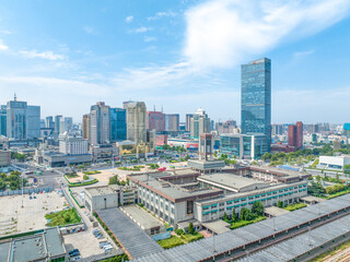 Aerial photography of Jiefang Square, Jiefang Square Convention and Exhibition Center and Shijiazhuang Evergrande Center in Shijiazhuang City, Hebei Province, China