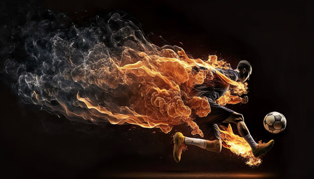 soccer player with football fire flame flying.sport  action for advertising