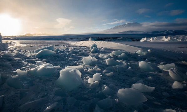 The broken surface of the frozen McMurdo Sound in the Ross Sea region of Antarctica.