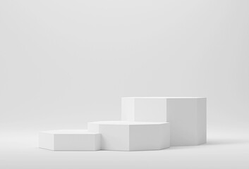 white pedestal podium platforms for cosmetic product presentation. Abstract composition in modern style. mock up minimal design with empty space, 3d rendered illustration with geometric shapes. ..