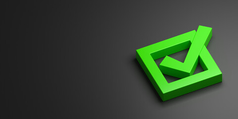 Green check mark icon on gray background copy space. 3D rendering