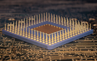 PGA package CPU IC close up on printed circuit board background