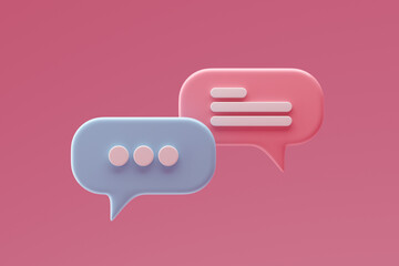 Social media notification icons, pink and blue speech bubbles on pink background. 3D rendering