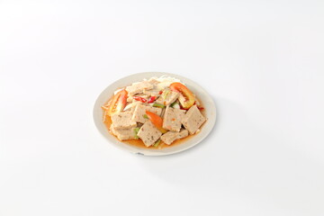 Spicy Salad Vietnamese pork sausage or Thai northern pork sausage in a white dish, Thai food.