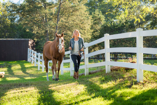 A woman an her horse in a sunny paddock