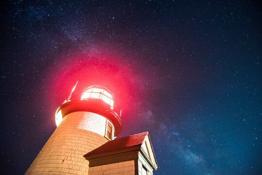 Illuminated Brant Point Lighthouse Of Nantucket At Night Under The Milky Way