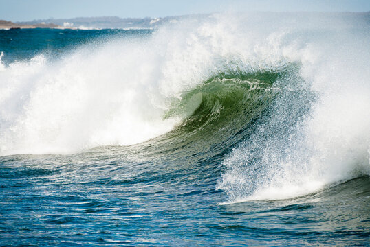 Close-up Of Large Green And Blue Breaking Wave In Rhode Island