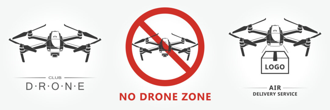 Drone icons set. Logos templates of flying drones with action camera. Vector illustration