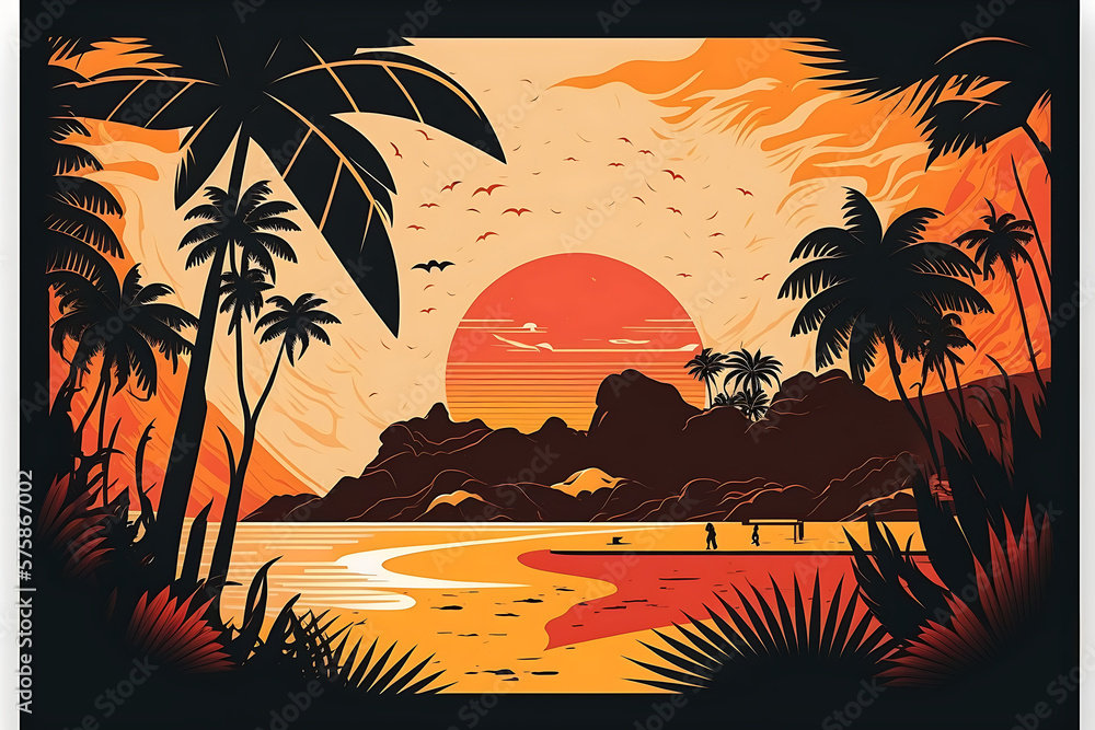 Poster a picture of a beach scene with palm trees, abstract by geerative ai
