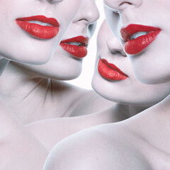 Obraz premium Beauty and make-up concept. Abstract beautiful women partly visible faces with red lipstick collage. Models hiding behind each other and has soft white skin. Sensual and fashion mood