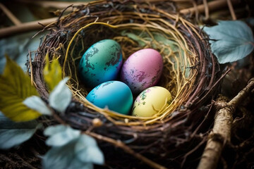 Easter eggs in nest for easter day, Generative AI
