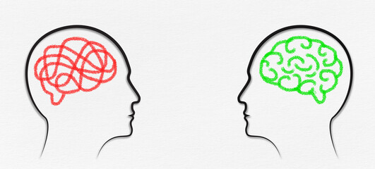Different thinking, rational and irrational thinking concept. Mental health and problems with...