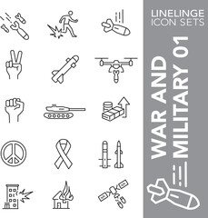 Thin line icon set of war, military conflict, weapons and ammunition symbols