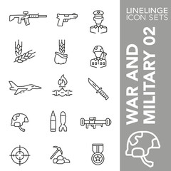 Thin line icon set of war, military conflict, weapons and ammunition symbols