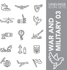 Thin line icon set of war, military conflict, weapons and ammunition symbols