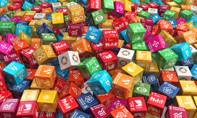 Obraz na płótnie Canvas Sustainable Development global goals Colorful cubes Illustration. 3D rendering. Corporate social responsibility. Sustainable Development for a better world. 