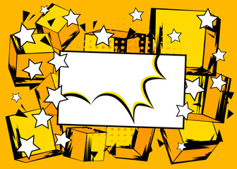 Blank comic book speech bubble background with cube shapes. Yellow comics cartoon template.