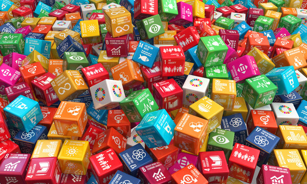 Sustainable Development global goals Colorful cubes Illustration. 3D rendering. Corporate social responsibility. Sustainable Development for a better world. 