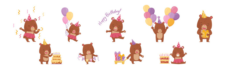 Cute Bear Character in Birthday Hat Celebrating Holiday Vector Set