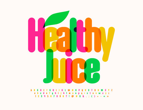 Vector Watercolor Emblem Healthy Juice. Transparent Creative Font. Modern Colorful Alphabet Letters and Numbers.