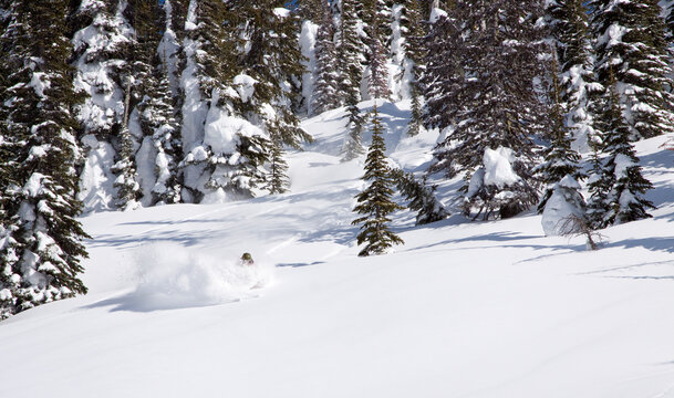 A backcountry skier a turn near Ymir, British Columbia.