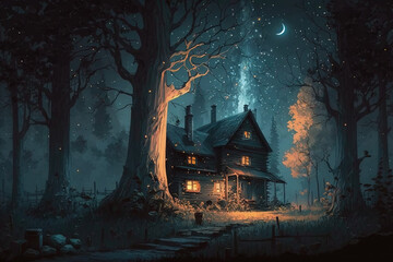 Fototapeta na wymiar Beautiful digital art painting forest, house