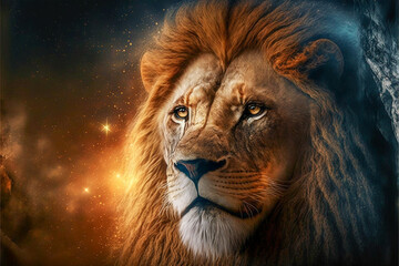 Naklejka premium Leo zodiac sign astrological zodiac circle, photo realistic magic background, generative ai