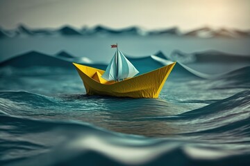 Fototapeta A toy paper boat sits atop a calm sea, its 3D concept illustration bringing to life the imagination of a tiny nautical vessel. Ai generated obraz
