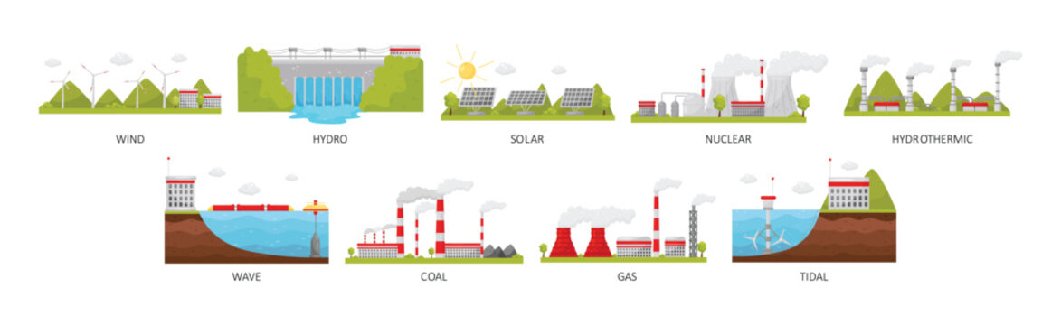 Natural Resources with Wind, Hydro, Solar and Nuclear Power Plant Vector Set