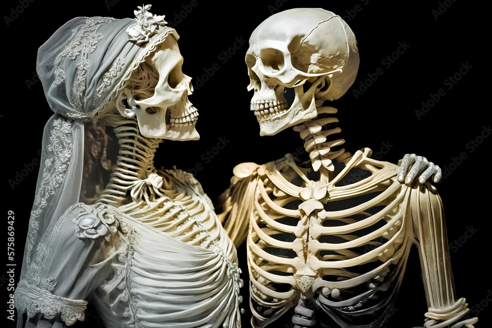 Poster couple of skeletons standing next to each other generative ai