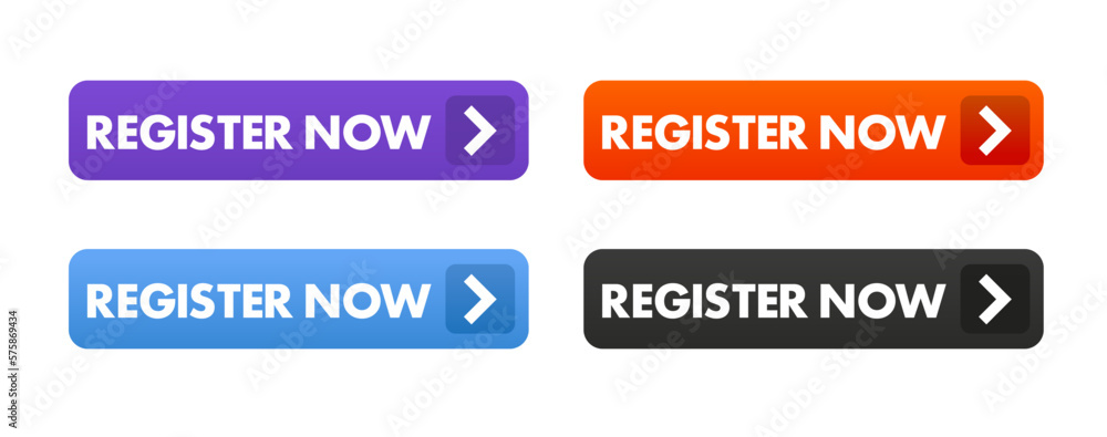 Poster register now buttons. set collection of register now button elements for ui ux web design template. 