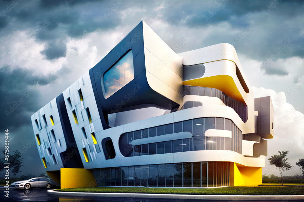 Poster futuristic building with car parked in front of it generative ai