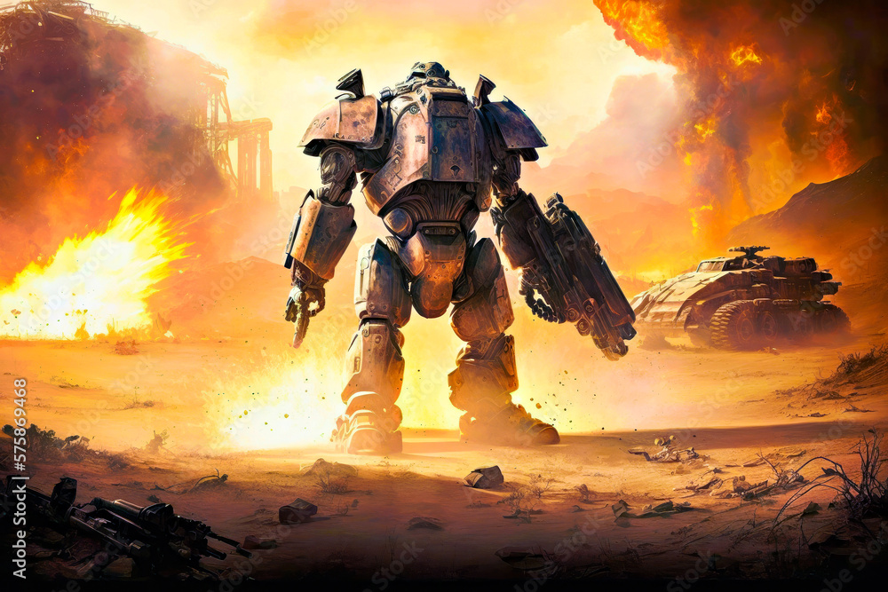 Aufkleber large robot standing on top of dirt field generative ai