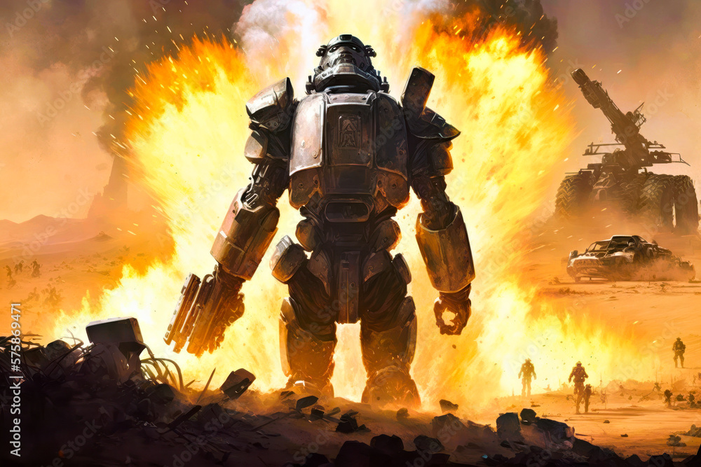 Poster giant robot standing in front of huge fire generative ai