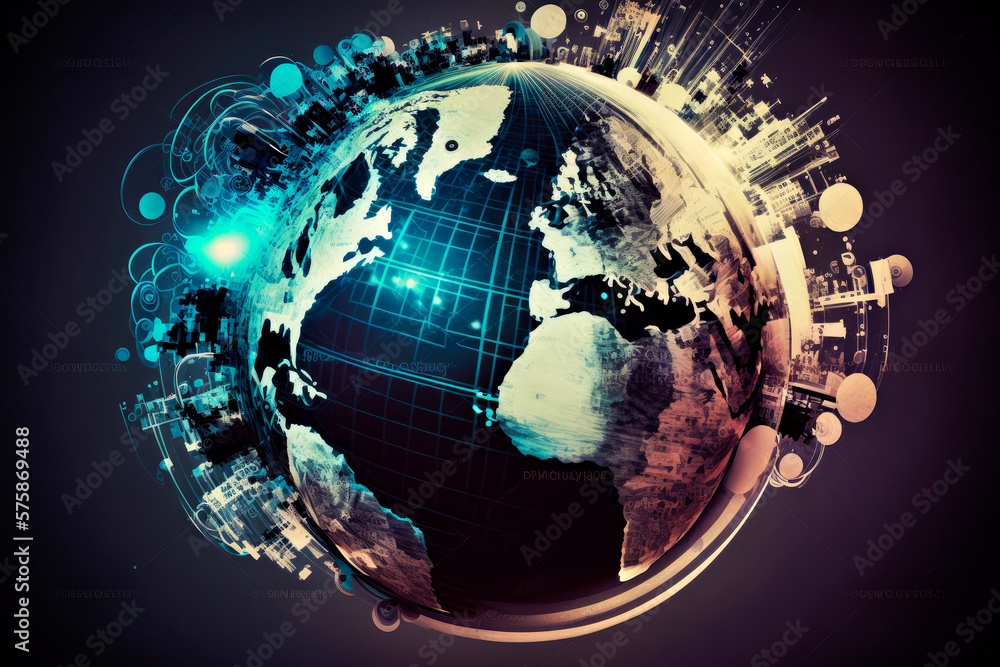 Poster globe with lot of buildings around it generative ai