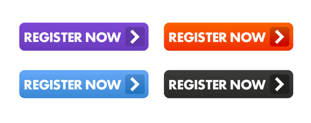 Register now buttons. Set collection of Register now button elements for ui ux web design template. Install symbol, simple design, for website or mobile app. Vector illustration