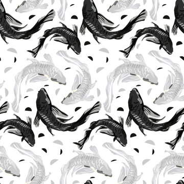 A Pattern Of White And Black Koi Fish On A White Background. Asian Background, Background Design With Abstract Pattern In Oriental Japanese Style With Koi Fish. Carp Swims In The Water.